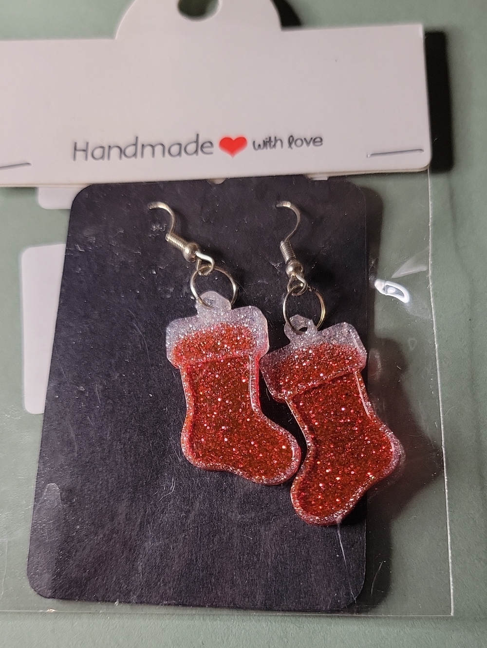Handmade Red Glitter Christmas Stocking Earrings